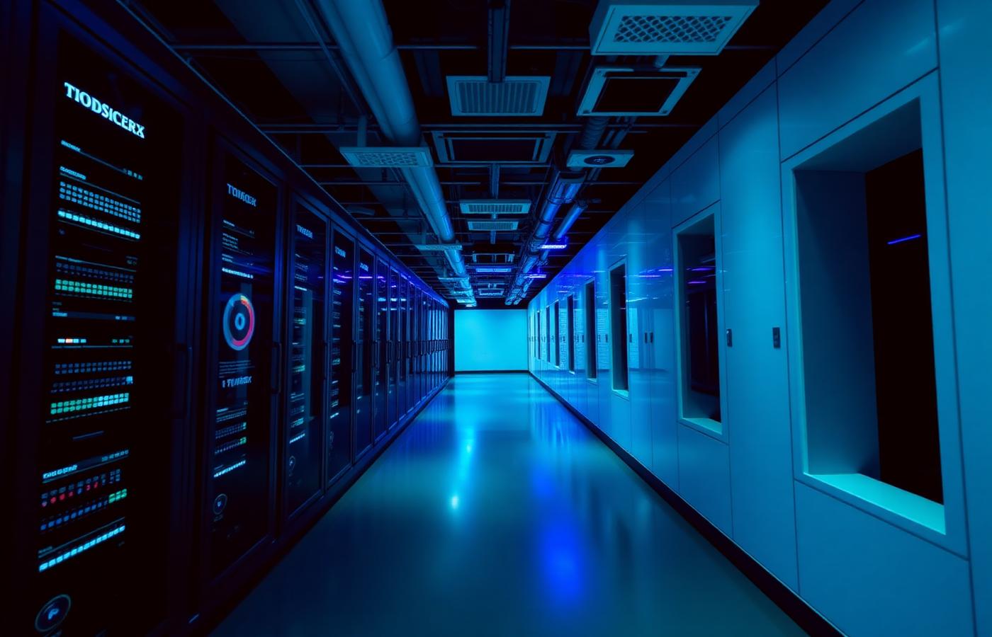 Rows of server racks lit in blue inside a data centre, representing managed cloud hosting environments