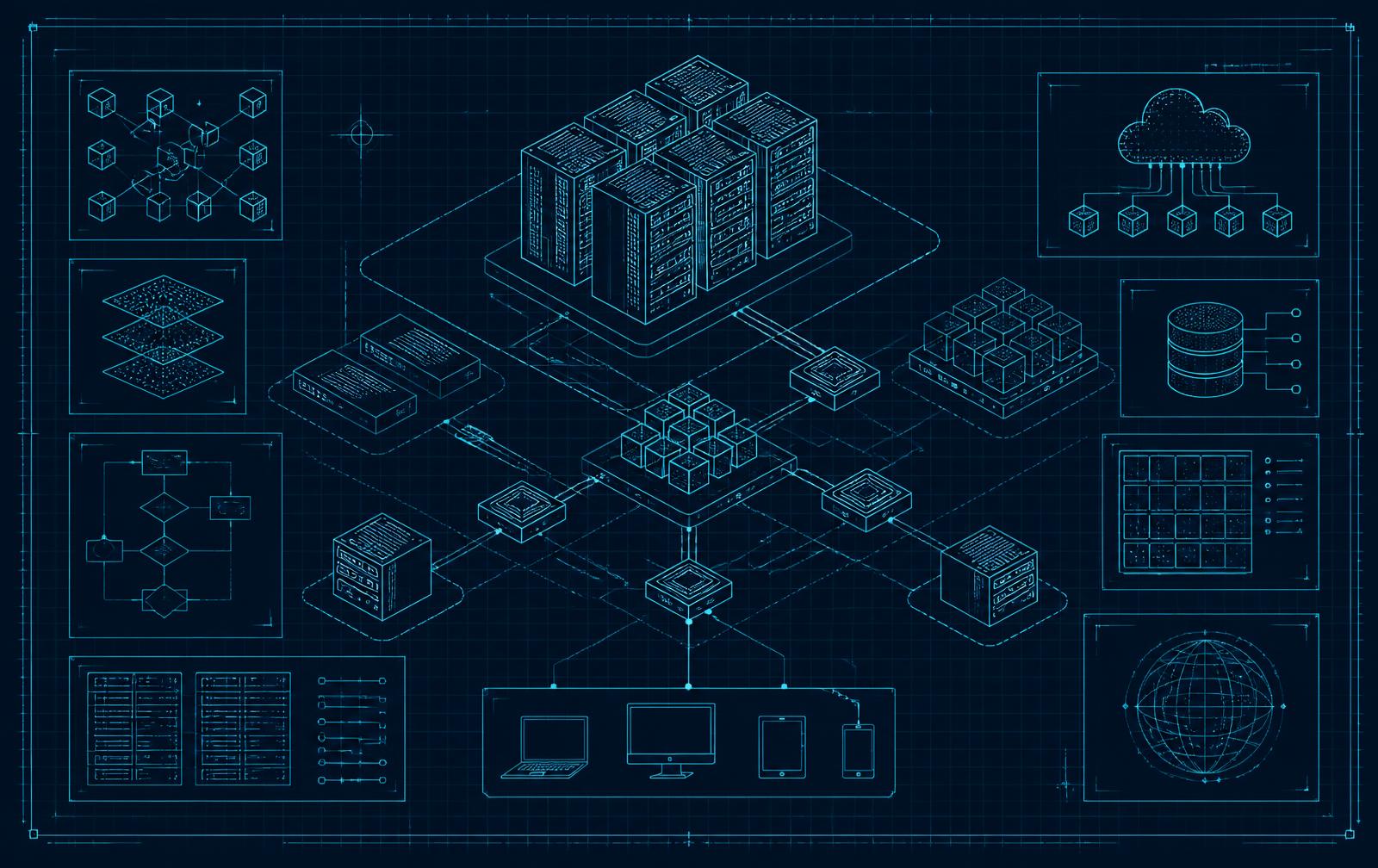 Blueprint schematic showing servers, cloud services, databases and client devices connected as one IT system