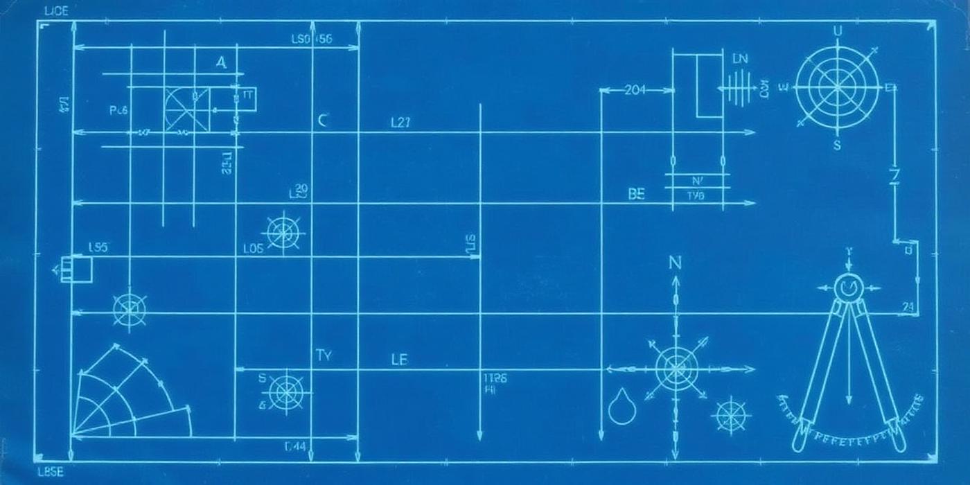 Technical blueprint sheet with grid, compass rose and drafting instruments used as a visual reference for the company contact page
