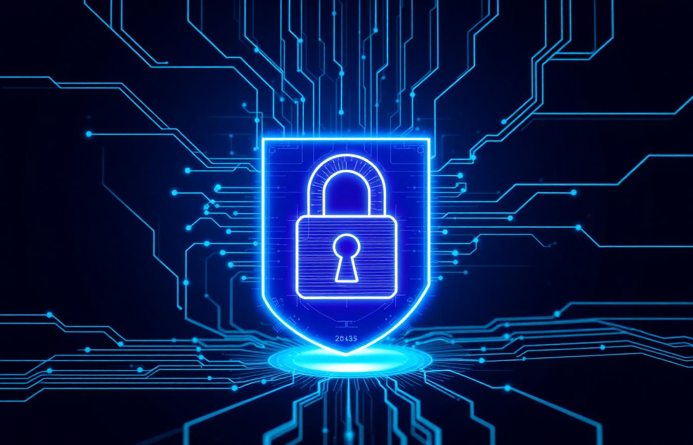 Digital padlock on a shield surrounded by circuit traces, representing application and infrastructure security work