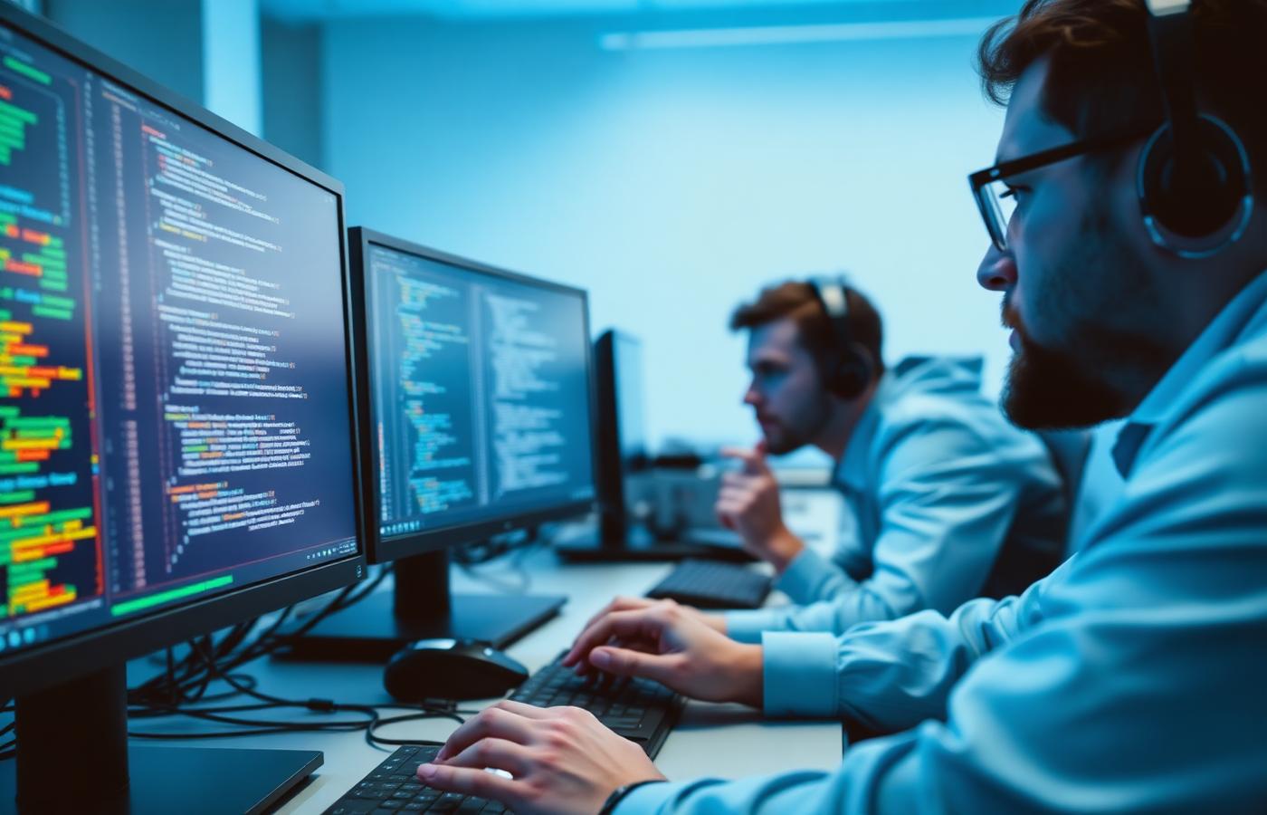Software engineers working together on application code displayed across two monitors